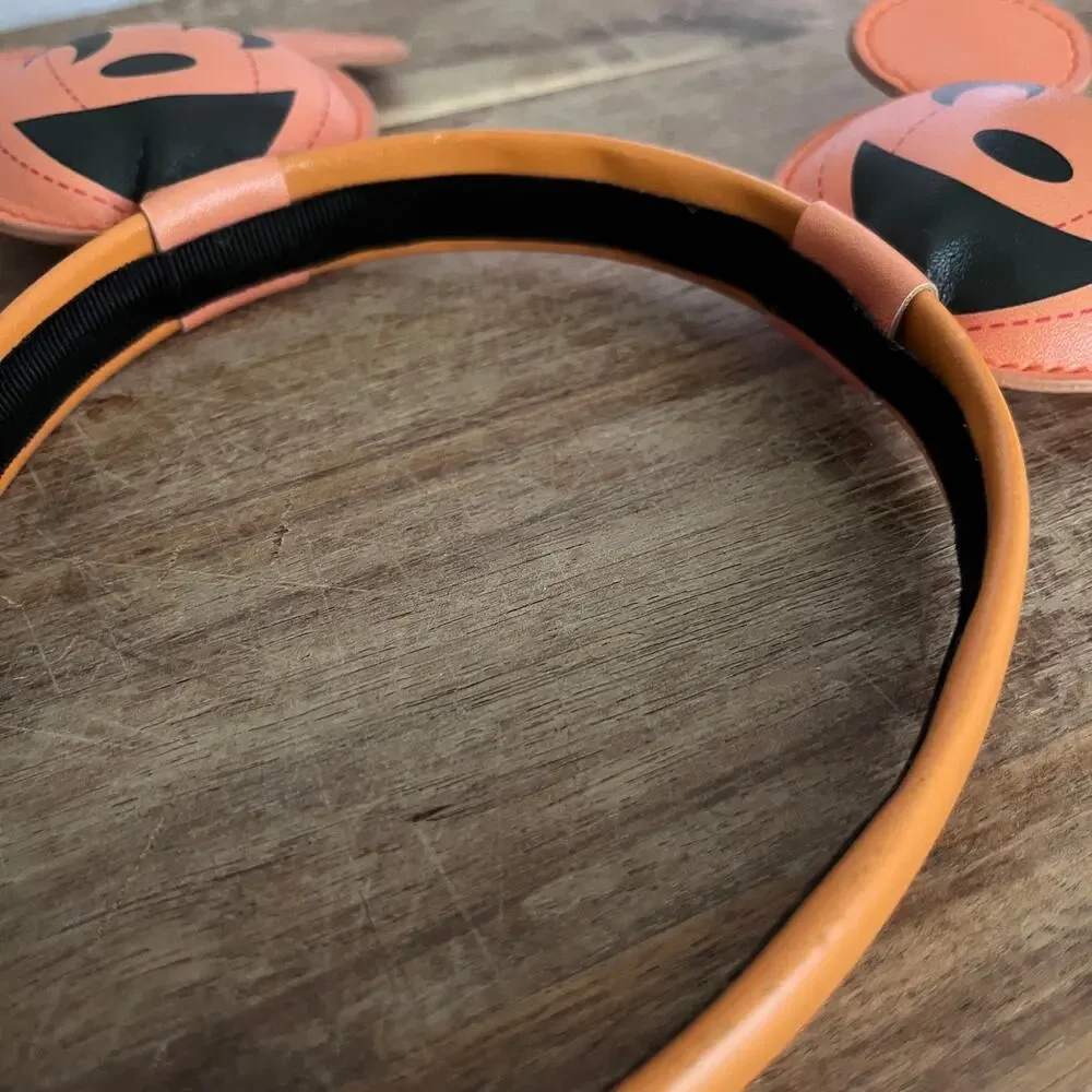 Disney Parks Mickey Mouse HalloweenJack-o-Lantern Headband Faux Leather Pumpkin